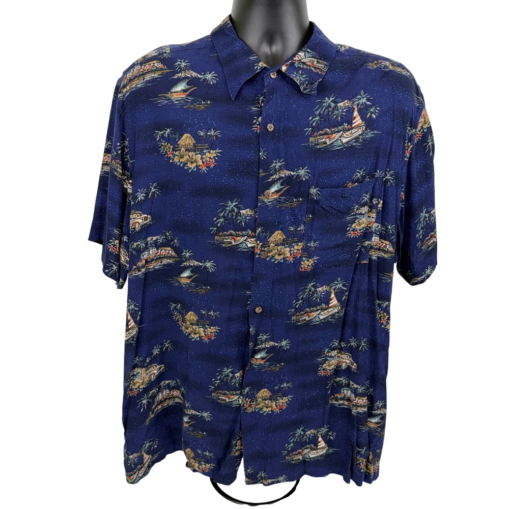 David‎ Taylor Collection Mens XL Blue Tropical Island Sailboat Hawaiian Shirt